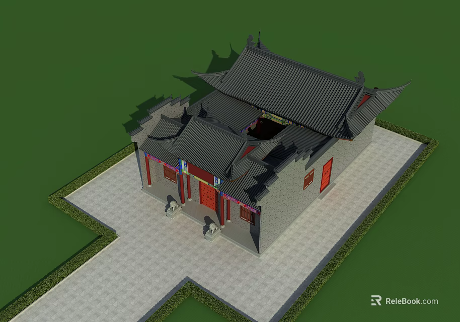 Ancient Chinese Traditional Architecture With Black Tiled Roof Red Doors And Courtyard Steps 3d model 