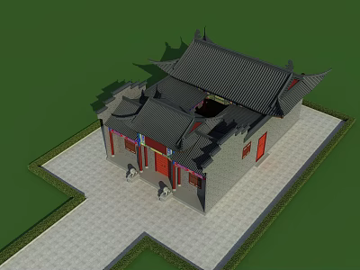 Ancient Chinese Traditional Architecture With Black Tiled Roof Red Doors And Courtyard Steps 3d model