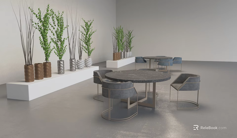 Modern Gray Lounge Chairs With Round Tables Green Plants And White Shelves In Indoor Setting 3d model 
