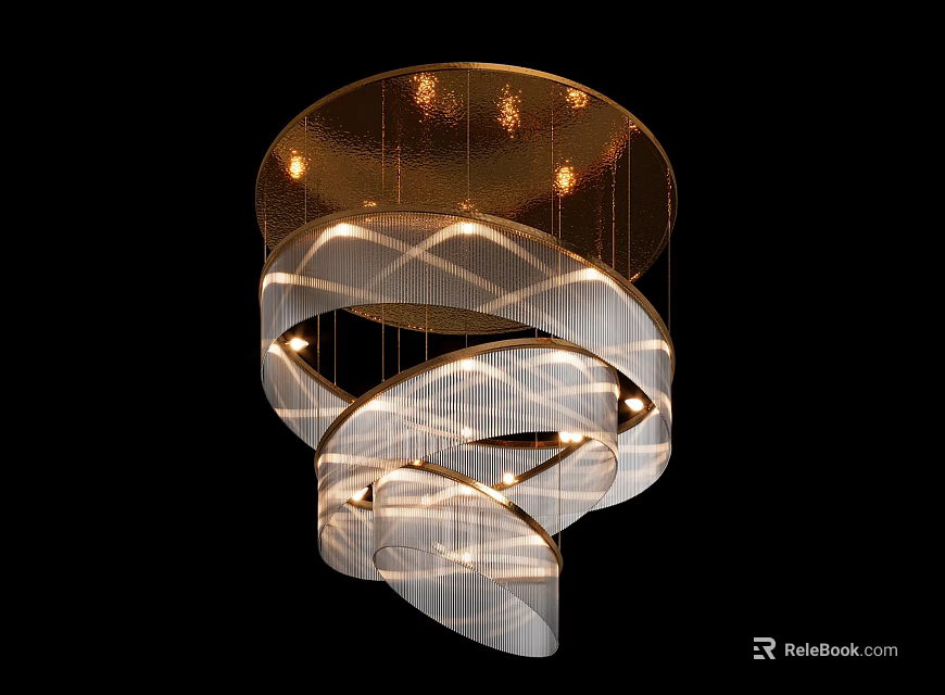Unique Shaped Chandelier With Modern Curved Metal Frame And Glass Shades For Home Lighting 3d model 