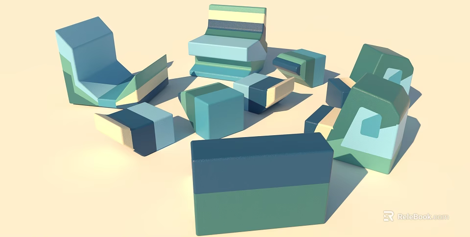 Abstract Sofa Collection With Geometric Shapes And Blue Green Tones In Modern Design 3d model 