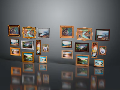 Elegant Home Decor Photo Frames With Various Shapes Colors And Gray Background Reflections 3d model