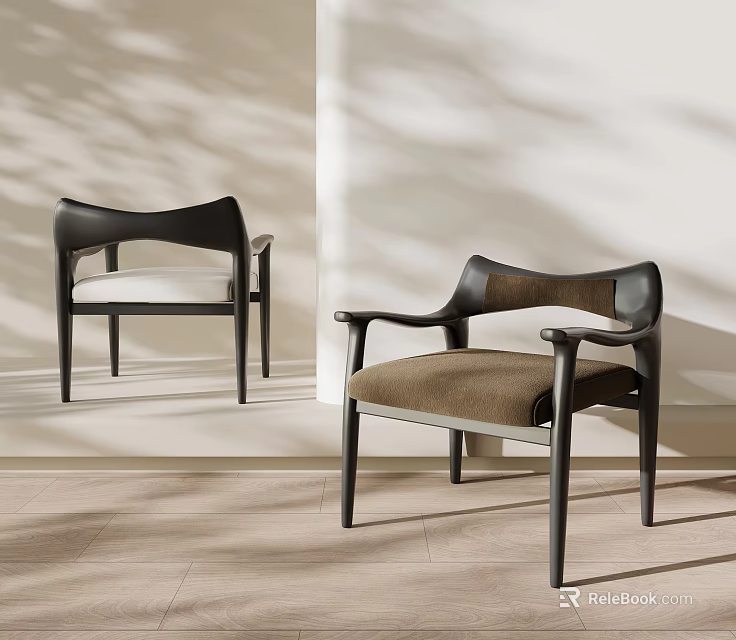 Modern Leisure Chair With Dark Frame Armrests And Brown Light Fabric Seats 3d model 