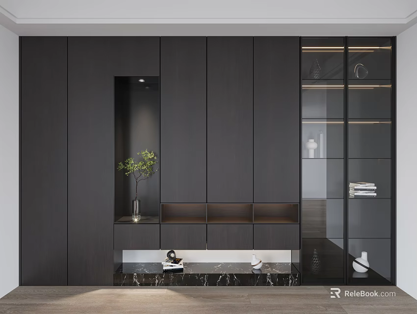 Modern Dark Colored Wardrobe With Open Shelves And Glass Door Storage Design 3d model 