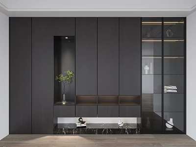 Modern Dark Colored Wardrobe With Open Shelves And Glass Door Storage Design 3d model