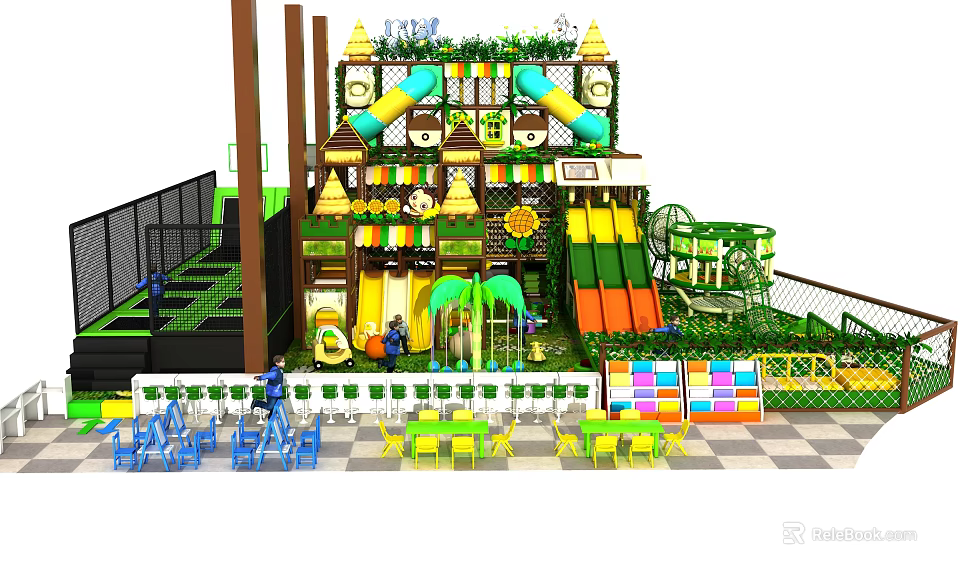 Colorful Children's Playground Equipment With Slides Climbing Structures And Green Decor 3d model 