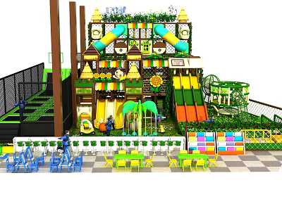 Colorful Children's Playground Equipment With Slides Climbing Structures And Green Decor 3d model