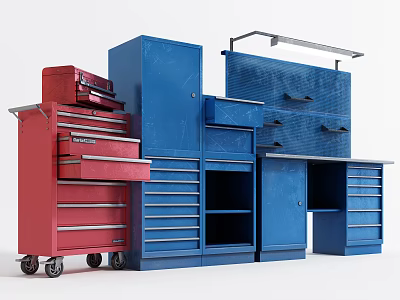 Red And Blue Heavy Duty Tool Storage Cabinets For Public Workshop Facility 3d model