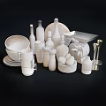 Modern Tableware Set with Wooden Bowls White Mugs Plates Glass Bottles and Spice Grinders