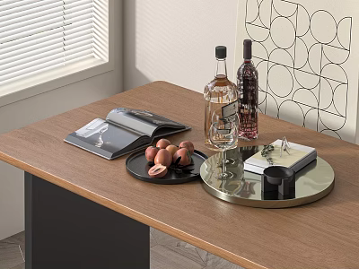 Wooden Table With Food Trays Containing Eggs Wine Bottles Wine Glass And Magazine 3d model