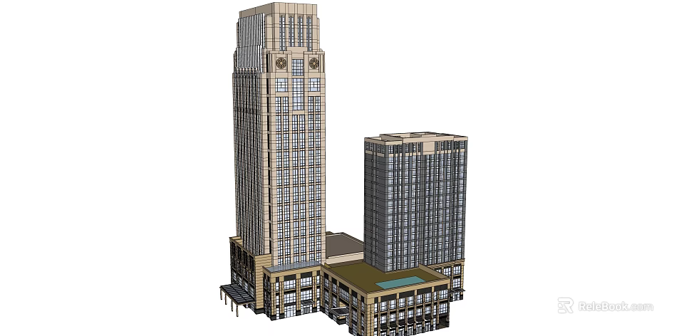 Modern Urban High Rise Buildings With Low Rise Structure And Window Design Elements 3d model 