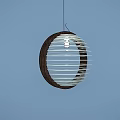 Circular Pendant Light with Dark Wooden Frame and White Slats on Yellow Wall