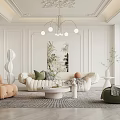 Elegant Modern Living Room With White Wainscoting Chandelier Round Coffee Table And Colorful Armchairs
