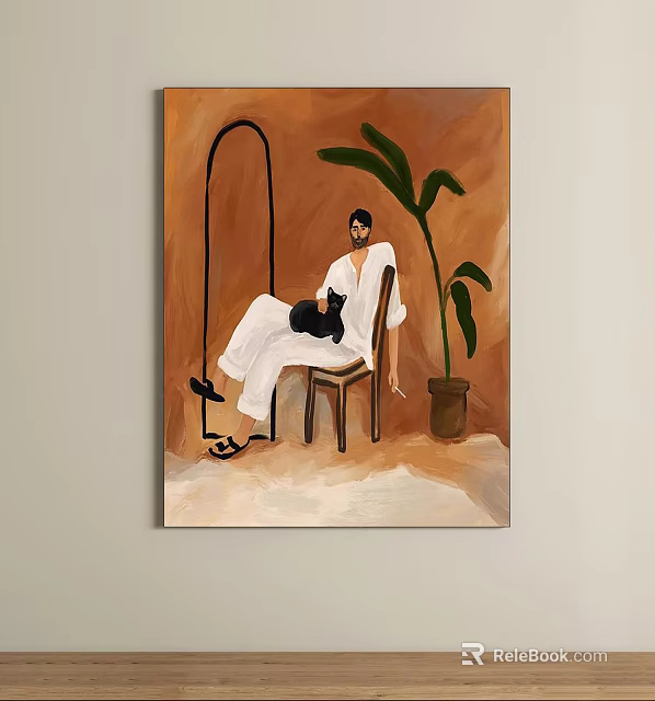 Oil Painting of Seated Person in White Clothing With Black Cat and Green Plant 3d model 