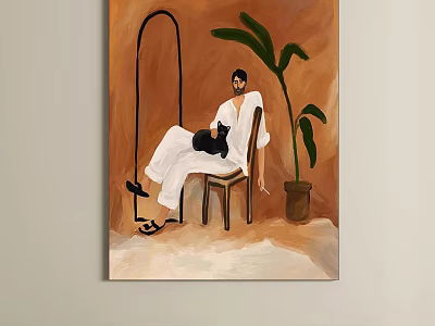 Oil Painting of Seated Person in White Clothing With Black Cat and Green Plant 3d model