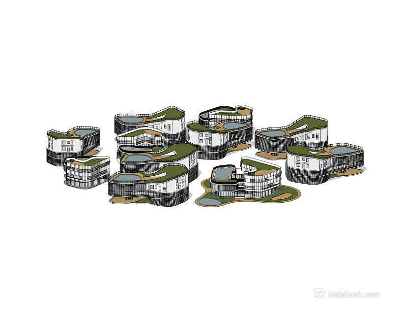 Modern Circular Architectural Complex With Green Roofs And Contemporary Building Design 3d model