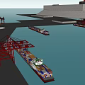 Active Port Terminal With Red Crane Loading Containers On Ship Near Tall Tower By Ocean