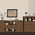 Elegant Wooden Console Cabinet And Side Cabinet With Vase Clock Books And Decorative Painting