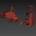 Ancient Medieval Workshop With Wooden House Chimney Sloped Roof And Stone Crane Structure Platform Ladder