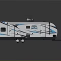 White Impact Travel Trailer With Blue Decorative Accents Black Rooftop Unit Windows And Wheels