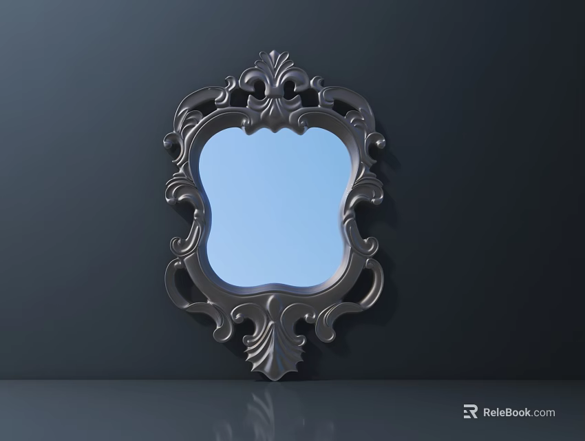 Intricate Carved Mirror Frame With Ornate Design And Blue Glass Surface 3d model 