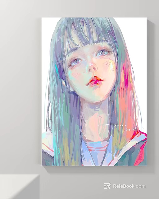 Watercolor Style Anime Girl Portrait With Colorful Long Hair Gentle Expression And School Uniform 3d model 