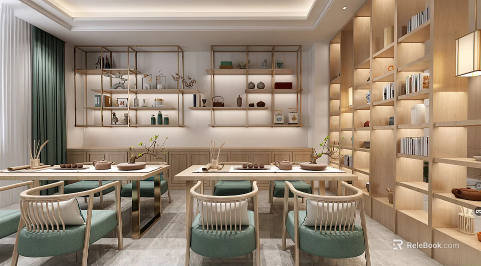 Chinese Style Restaurant Interior With Wooden Bookshelves Green Chairs Dining Tables And Decorative Ornaments 3d model 