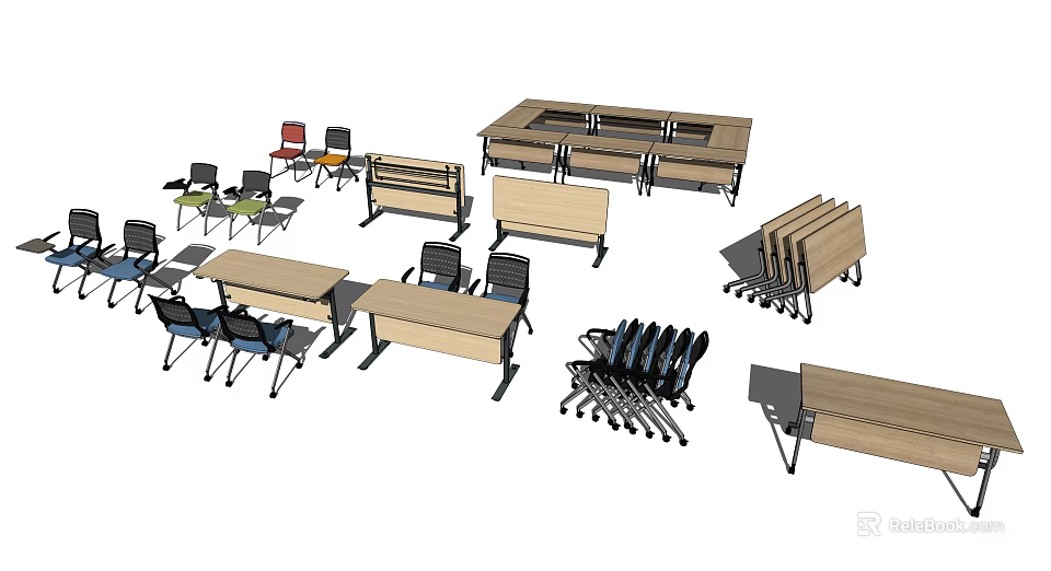 Office Desks In Various Styles With Foldable Design And Stackable Chairs 3d model
