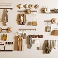 Wooden Wall Hooks Organizing Hats Bags Clothes Scarves Belts And Mugs On Beige Wall