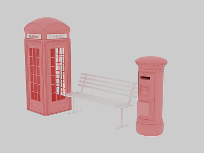 Pink Telephone Booth White Bench And Pink Postbox In Urban Setting 3d model
