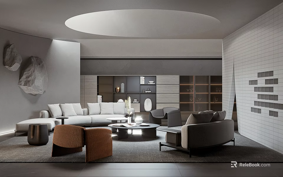 Modern Living Room Interior With White Sofa Round Coffee Table Accent Chairs And Wall Shelves 3d model 