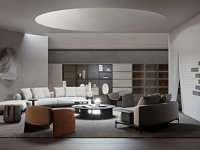 Modern Living Room Interior With White Sofa Round Coffee Table Accent Chairs And Wall Shelves 3d model