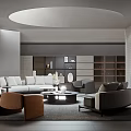 Modern Living Room Interior With White Sofa Round Coffee Table Accent Chairs And Wall Shelves