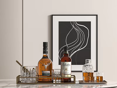 Modern Whiskey Bottles And Glass Tumblers On Metal Tray With White Tabletop And Abstract Painting 3d model