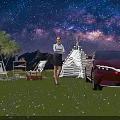 Starry Night Garden Landscape With Palm Trees Mountains Tent And Red Car