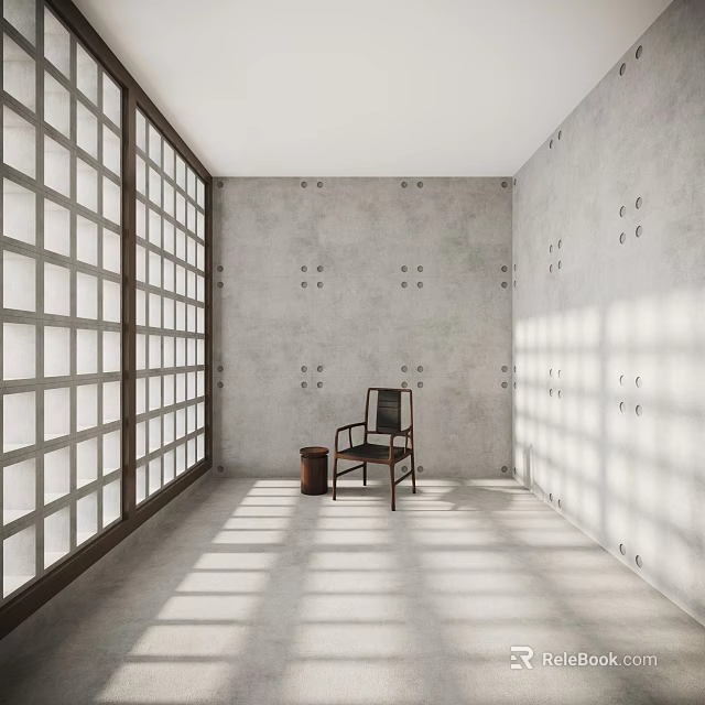 Modern Elevator Hallway With Large Glass Windows Concrete Walls Sunlight Shadows And Wooden Chair 3d model 