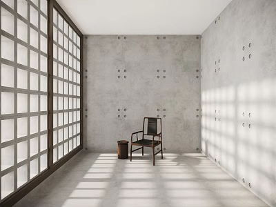 Modern Elevator Hallway With Large Glass Windows Concrete Walls Sunlight Shadows And Wooden Chair 3d model