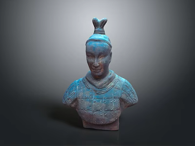 Terracotta Sculpture Carving Bust With Blue Brown Hue Hair Bun And Armor Decorative Patterns 3d model