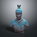 Terracotta Sculpture Carving Bust With Blue Brown Hue Hair Bun And Armor Decorative Patterns