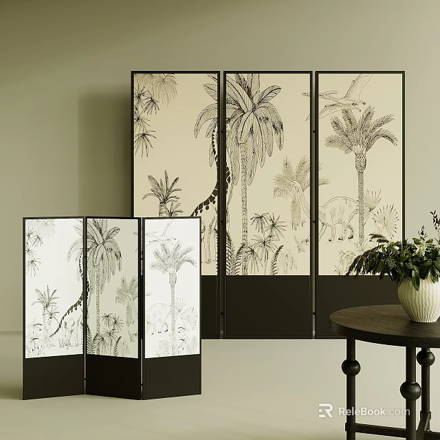 Black Frame Room Divider With Tropical Plant Patterns For Interior Decoration 3d model