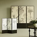 Black Frame Room Divider With Tropical Plant Patterns For Interior Decoration 3d model