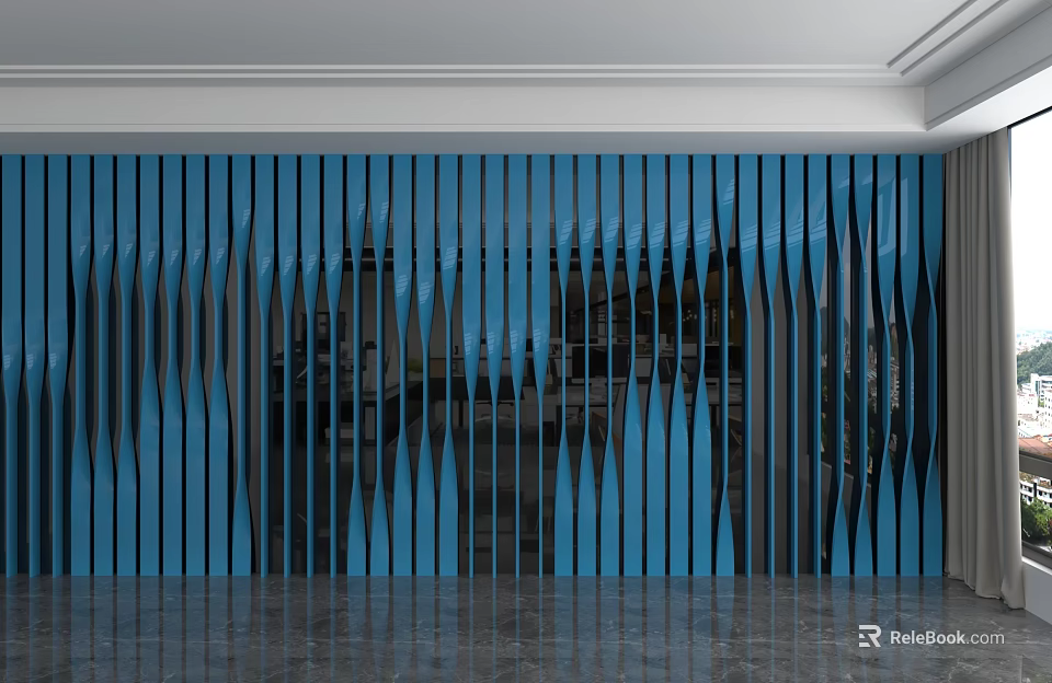 Modern Blue Background Wall With Wavy Vertical Strips And Reflective Surface 3d model 