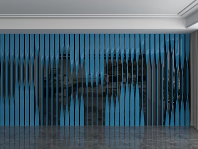 Modern Blue Background Wall With Wavy Vertical Strips And Reflective Surface 3d model