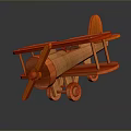 Wooden Biplane Model With Orange Brown Color Propeller And Wheels On Dark Background With Reflections