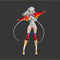 Fantasy Woman With White Long Hair Pink Yellow Cape Colorful Knee Guards And White Boots
