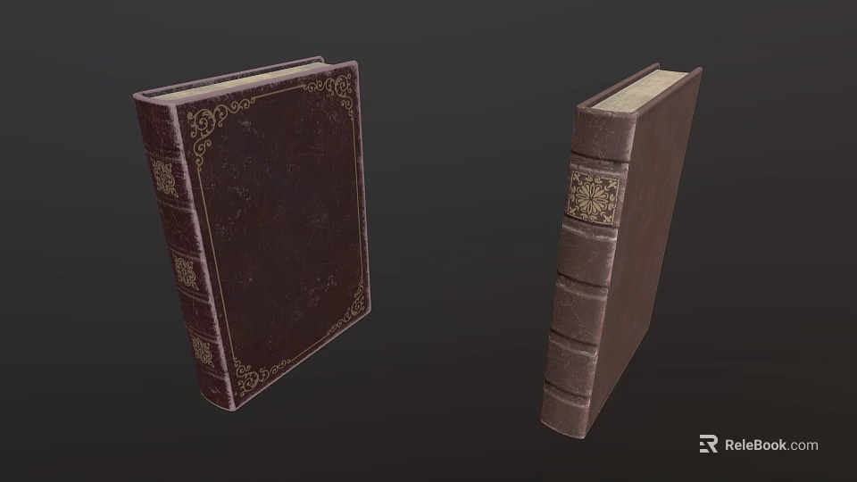 Vintage Leather Bound Books With Ornate Gold Embossed Designs On Covers 3d model 