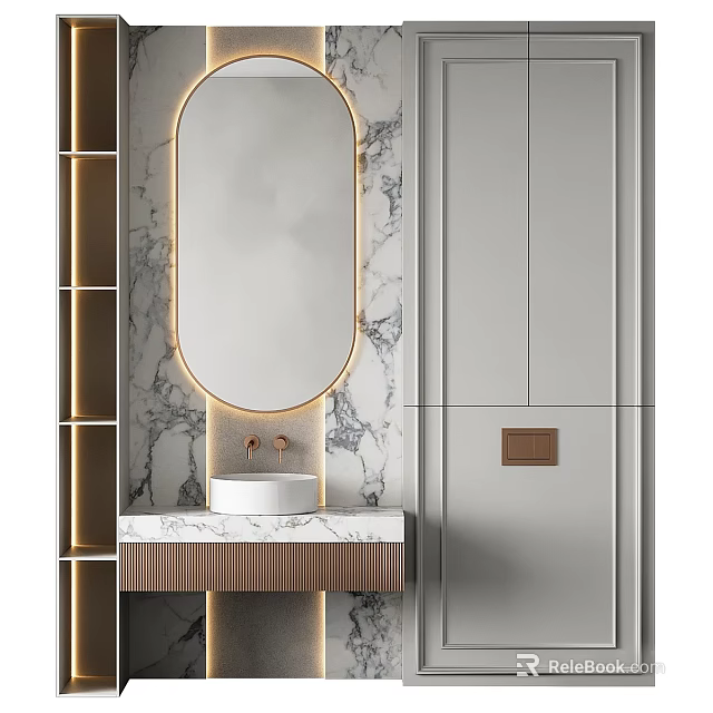 Modern Bathroom Vanity With Oval Mirror Marble Wall And Cabinet Lighting 3d model
