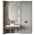 Modern Bathroom Vanity With Oval Mirror Marble Wall And Cabinet Lighting 3d model