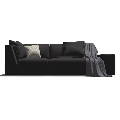 Modern Black Sectional Sofa With Checkered Throw Pillows And Gray Blanket 3d model