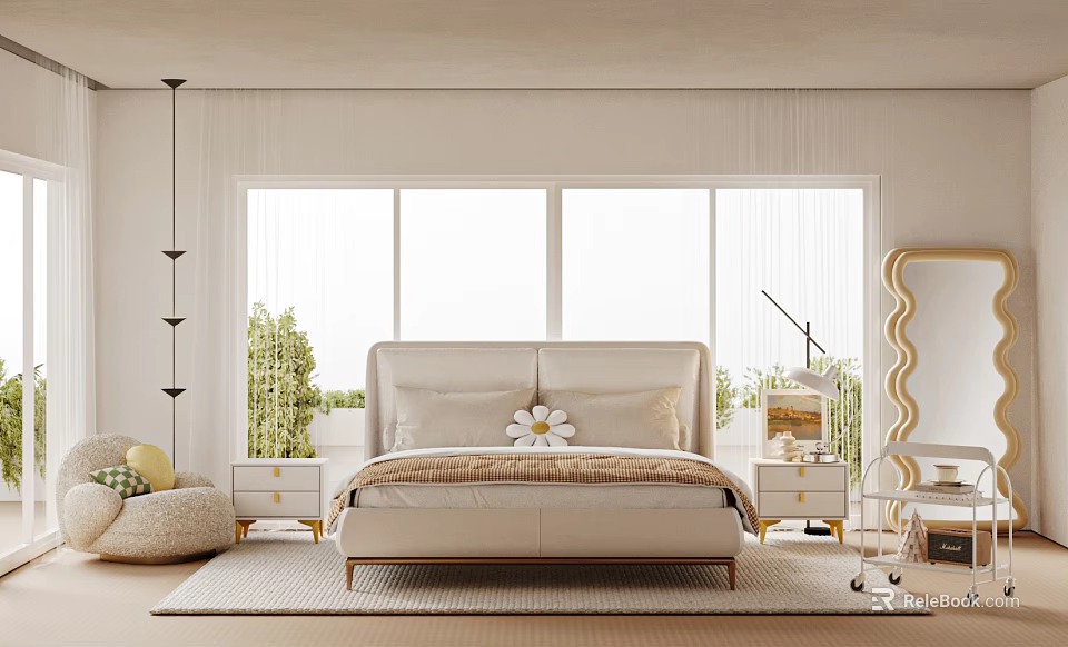 Modern Bedroom Interior Design With Upholstered Bed Large Window Nightstands Rug And Green Plants 3d model 